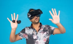 Rhik Samadder wearing a Samsung Gear VR headset