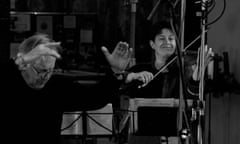 Violinist Kati Debretzeni, right, in the recording studio with John Eliot Gardiner, left.