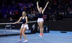 Alicia Barnett and Olivia Nicholls celebrate after defeating Aliona Bolsova and Rebeka Masarova.