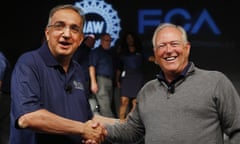 The chief executive of Fiat Chrysler, Sergio Marchionne, left, and the United Auto Workers president, Dennis Williams, shake hands before they started contract negotiations in July.