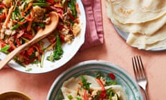 Rosie Sykes’ rice pancakes with stir-fried vegetables and peanut sauce.