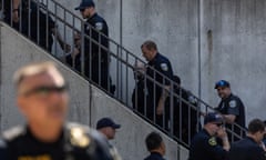 Milwaukee police monitor perimeter of Republican National Convention in Milwaukee<br>Milwaukee Police Department officers walk along the perimeter of the Republican National Convention in Milwaukee, Wisconsin, U.S., July 17, 2024. REUTERS/Adrees Latif