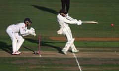 New Zealand's Tom Blundell plays a shot in front of Ben Foakes during the first Test.