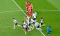 England players celebrate after Trent Alexander-Arnold converted the winning penalty.