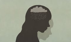 Silhouette sad woman with rain clouds in head