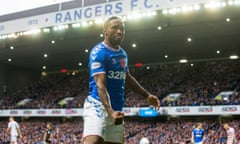 Jermain Defoe celebrates scoring Rangers’ fourth goal, and his second, in their 5-0 win against Hamilton.