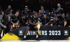 London Lions' Ovie Soko prepares to lift the trophy after their victory over Leicester Riders to win the British Basketball Cup Final in January 2023