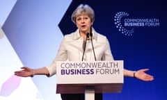 Theresa May speaks at the Business Forum Opening Session on the first day of the Commonwealth Heads of Government Meeting in London