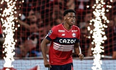 FBL-FRA-LIGUE1-LILLE-MARSEILLE<br>Lille's Canadian forward Jonathan David celebrates after scoring his team's first goal during the French L1 football match between Lille LOSC and Olympique Marseille (OM) at the Pierre-Mauroy stadium in Villeneuve-d'Ascq, northern France, on May 20, 2023. (Photo by Sameer Al-DOUMY / AFP) (Photo by SAMEER AL-DOUMY/AFP via Getty Images)