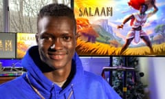 Lual Mayen, 28, at his home in Washington DC, with artwork for Salaam, the video game he created to foster peace.