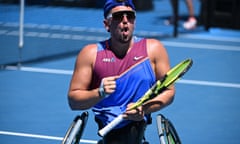 Dylan Alcott of Australia reacts during his mens quad wheelchair singles semi final match against Andy Lapthorne of the United Kingdom on Day 9 of the Australian Open, at Melbourne Park, in Melbourne, Tuesday, January 25, 2022. (AAP Image/Dean Lewins) NO ARCHIVING, EDITORIAL USE ONLY