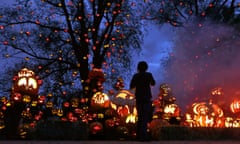 A child stands among jack o' lanterns