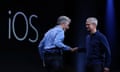 SAN FRANCISCO, CA - JUNE 08: Apple senior vice president of Software Engineering, Craig Federighi (L), shakes hands with Apple CEO Tim Cook during the Apple WWDC on June 8, 2015 in San Francisco, California. Apple annouced a new OS X, El Capitan, and iOS 9 during the keynote at the annual developers conference that runs through June 12. (Photo by Justin Sullivan/Getty Images)