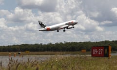 A Jetstar plane takes off at Melbourne Airport.