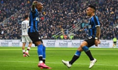 FC Internazionale v Cagliari Calcio - Serie A<br>MILAN, ITALY - JANUARY 26: Lautaro Martinez of FC Internazionale celebrates with Ashley Young after scoring the opening goal during the Serie A match between FC Internazionale and Cagliari Calcio at Stadio Giuseppe Meazza on January 26, 2020 in Milan, Italy. (Photo by Claudio Villa - Inter/Inter via Getty Images)