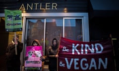 Vegan Protest outside Antler Kitchen and Bar, Toronto, Canada - 31 Mar 2018<br>Mandatory Credit: Photo by Canadian Press/REX/Shutterstock (9486119e) Vegan protesters gather outside of the Antler restaurant in Toronto on Saturday, March 31, 2018. The protest comes after the owner of the restaurant butchered the leg of a deer in front of protestors during their last demonstration. Vegan Protest outside Antler Kitchen and Bar, Toronto, Canada - 31 Mar 2018