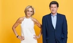 Emily Maitlis and Jon Sopel pose against a yellow background