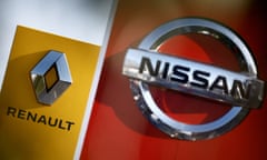 Renault and Nissan logos in in front of dealerships of the companies in Saint-Nazaire, France