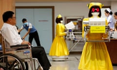 A Thai hospital use robots for documents works<br>epa06426589 The Automated Guided Vehicles: AGV Robots dressed in nurse outfits carrying medical documents work next to Thai patients at Mongkutwattana General Hospital in Bangkok, Thailand, 09 January 2018. The Thai hospital use three of Automated Guided Vehicles Robots to work as document courier inside the hospital aimed to save the hiring costs and solve its shortage workers as well as develop the fastest and smooth services. The Robotics is currently global trend after the number of using robot in business and industry increased. The estimated of 2.32 million robots are used worldwide in 2017 while around 41,600 of them were used in Thailand, according to the International Federation of Robotics. EPA/RUNGROJ YONGRIT