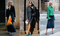 attendees at Australian fashion week in Sydney last month don a maxi skirt, a pencil skirt and a mid-length denim skirt.