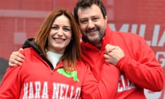 Leader of Italy’s far-right League, Matteo Salvini and centre-right candidate Lucia Borgonzoni at a campaign rally.