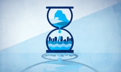 Graphic showing a polar ice cap melting through an hourglass onto a city beneath.