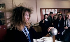 A teenage girl pupil has a hair-raising experience during a school science class.