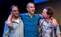 Neil D’Souza (Dev), James Hillier (Michael) and Peter Bramhill (Chris) in Out Of Season by Neil D’Souza @ Hampstead Theatre, Downstairs. Directed by Alice Hamilton. (Opening 22-02-2024) ©Tristram Kenton 02-24 (3 Raveley Street, LONDON NW5 2HX TEL 0207 267 5550 Mob 07973 617 355)email: tristram@tristramkenton.com