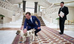 Turkmen president Gurbanguly Berdymukhamedov presents Russian prime minister Dmitry Medvedev with a Turkmen shepherd dog during a meeting in Ashgabat in May.