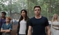 More operatic craziness required … from left, Kumail Nanjiani, Lia McHugh, Gemma Chan, Richard Madden, Angelina Jolie in Eternals.