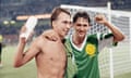 David Platt and Gary Lineker celebrate after England’s quarter-final victory over Cameroon in the 1990 World Cup