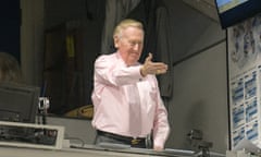 Celebrities At The Los Angeles Dodgers Game<br>LOS ANGELES, CA - SEPTEMBER 22: Vin Scully salutes prior to a baseball game between the Colorado Rockies and the Los Angeles Dodgers at Dodger Stadium on September 22, 2016 in Los Angeles, California. (Photo by Noel Vasquez/GC Images)