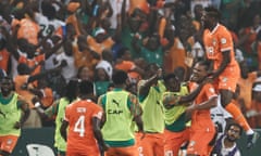 Ivory Coast's Sebastien Haller (second right) celebrates with teammates after opening the scoring in the Africa Cup of Nations semi-final against DR Congo.