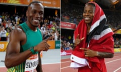 2018 Commonwealth Games 100m champions - Akani Simbine of South Africa, left, and Michelle-Lee Ahye of Trinidad and Tobago Athletics - Gold Coast 2018 Commonwealth Games - Men's 100m Final - Carrara Stadium - Gold Coast, Australia - April 9, 2018. Akani Simbine of South Africa. REUTERS/Paul Childs epa06657116 Michelle-Lee Ahye of Trinidad and Tobago celebrates her gold medal win in the Women's 100m final of the XXI Commonwealth Games, at the Gold Coast, Australia, 09 April 2018. EPA/DEAN LEWINS AUSTRALIA AND NEW ZEALAND OUT