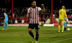 Brentford’s Neal Maupay celebrates scoring their third goal against Barnet.