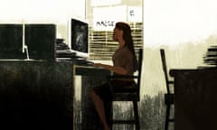 An illustration of a woman in front of a computer.