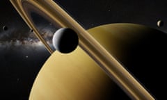 An artist’s impression of Saturn orbited by moons including Enceladus, close to Saturn's rings.