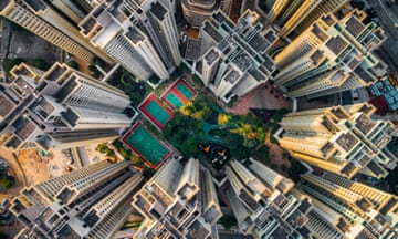 Aerial view, taken from a drone camera, of Hong Kong.