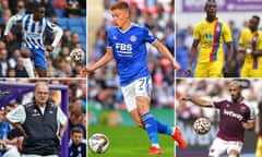 Enock Mwepu of Brighton, Harvey Barnes of Leicester, Wilfried Zaha of Crystal Palace, West Ham’s Saïd Benrahma and Leeds manager Marcelo Bielsa.