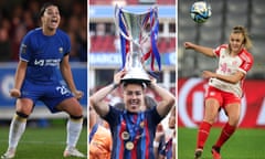 Left to right: Chelsea’s Sam Kerr, Barcelona’s Lucy Bronze with the Women’s Champions League trophy, and Georgia Stanway of Bayern Munich.