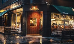 The illuminated front of the Bootleggers bar and diner, taken at night, in Belfast, Northern Ireland.