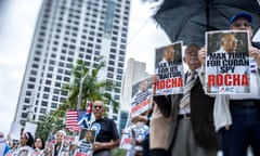 Rally to demand 'maximum sentence' for former US diplomat Victor Rocha<br>epa11267799 Members of the Assembly of the Cuban Resistance hold placards during a rally demanding the 'maximum sentence' for former US diplomat and alleged Cuban spy, Victor Rocha, in front of the Federal Court Wilke D. Ferguson Jr., in Miami, Florida, USA, 09 April 2024. Former US diplomat of Colombian origin, Victor Manuel Rocha, was arrested in Miami in December 2023, accused of secretly serving as an agent of Cuba's government for decades. EPA/CRISTOBAL HERRERA-ULASHKEVICH