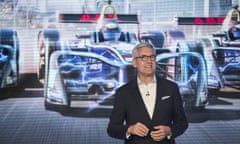 Ulrich Spiesshofer, the CEO of ABB, pictured in front of a stylised Formula E vehicle at the Saatchi Gallery in London.