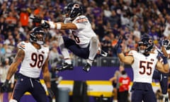 Chicago Bears cornerback Kyler Gordon (6) celebrates with teammates defensive end Montez Sweat (98) and linebacker Dylan Cole (55) after intercepting Josh Dobbs