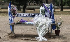 The bench where Fabrizio Piscitelli, the head of the Lazio supporters, known by the nickname Diabolik, was found, in Rome last week. 