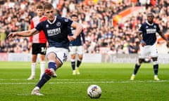 Millwall's Zian Flemming scores their side's second at Southampton in the Championship on 24 February 2024.