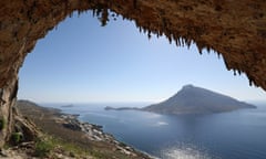 Grande Grotto, one of Kalymnos’s premier climbing spots, with Telendos in the background, Greece.