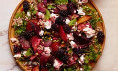 Thomasina Miers' roast salad of golden and stripy beets and blackberries with barley, hard goat's cheese, hazelnuts and tarragon.