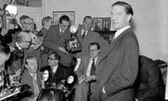 FILE - In this file photo dated Nov. 8, 1955, former British diplomat who was at that time accused of spying for Russia, during a press conference at his parents’ home in London on Nov. 8, 1955. In a 1981 film posted online Monday April 4, 2016, by the BBC, notorious British spy Kim Philby is shown in newly uncovered footage addressing East German spies, “comrades”, about his life as a double agent secretly helping the Soviet Union, in what is the closest thing to a full confession yet to surface. Philby died in 1988 in his adopted Soviet homeland. (AP Photo/FILE)