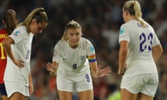England captain Leah Williamson (centre) dishes out advice to Ella Toone (left) and Alessia Russo during the Women's Euro 2022 quarter-final match between England and Spain at Brighton & Hove Community Stadium on 20 July 2022 in Brighton, England. (Photo by Tom Jenkins)